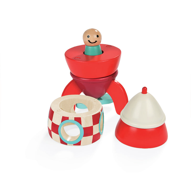 Colorful Magnetic Rocket toy for kids, featuring a smiling character and interchangeable parts for endless fun.