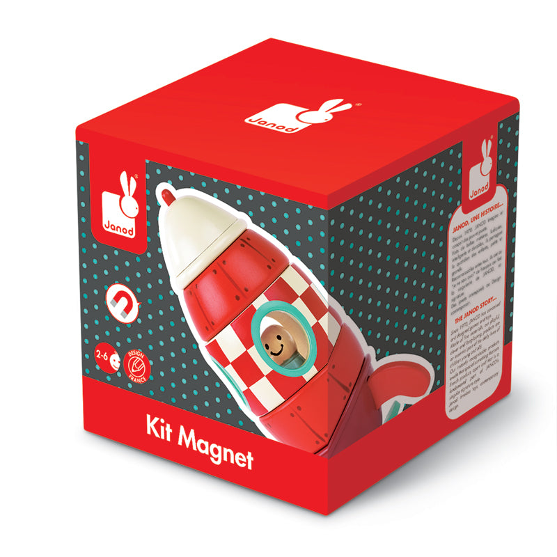 Bright red Magnetic Rocket from Janod, featuring a smiling character for imaginative play and construction fun.